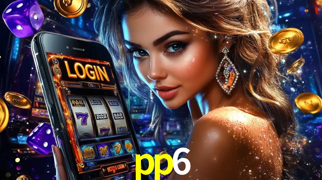 Mulher glamorosa segurando um smartphone com a tela de login para os jogos de caça-níqueis do cassino online pp6, com moedas de ouro e dados ao redor.